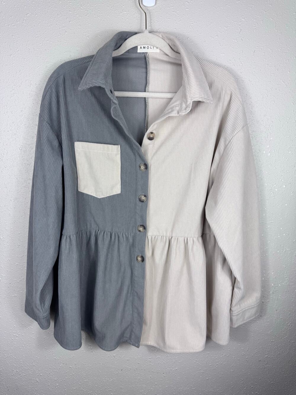 Amoli Gray and Ivory Color Blocked Corduroy Shacket Womens size Medium